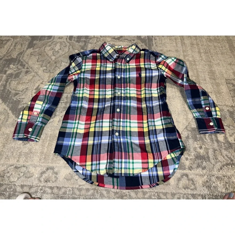 Ralph Lauren Long‎ Sleeve Plaid Button Up Shirt Boys Youth Size 5 Red Blue Multi